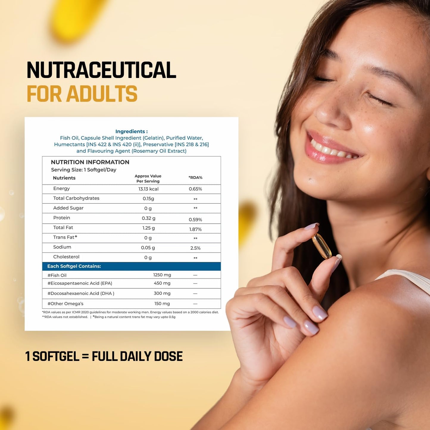 Woman holding a supplement with nutritional information displayed on a yellow background