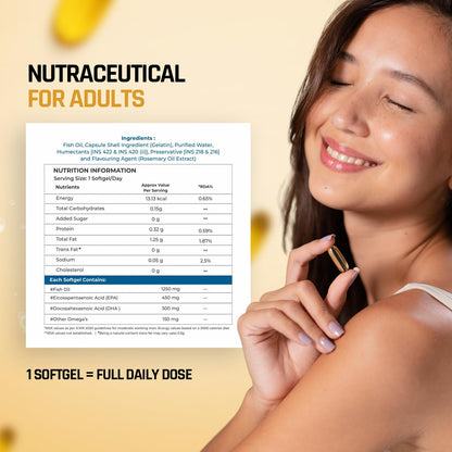 Woman holding a supplement with nutritional information displayed on a yellow background