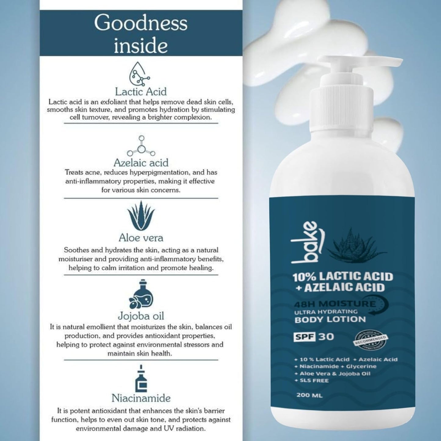 BAKE 10% Lactic Acid Body Lotion with Azelaic Acid | Smooths Rough & Bumpy Skin, Exfoliates Skin & Reduces Body Acne | Ultra Hydrating Body Lotion | 200ml