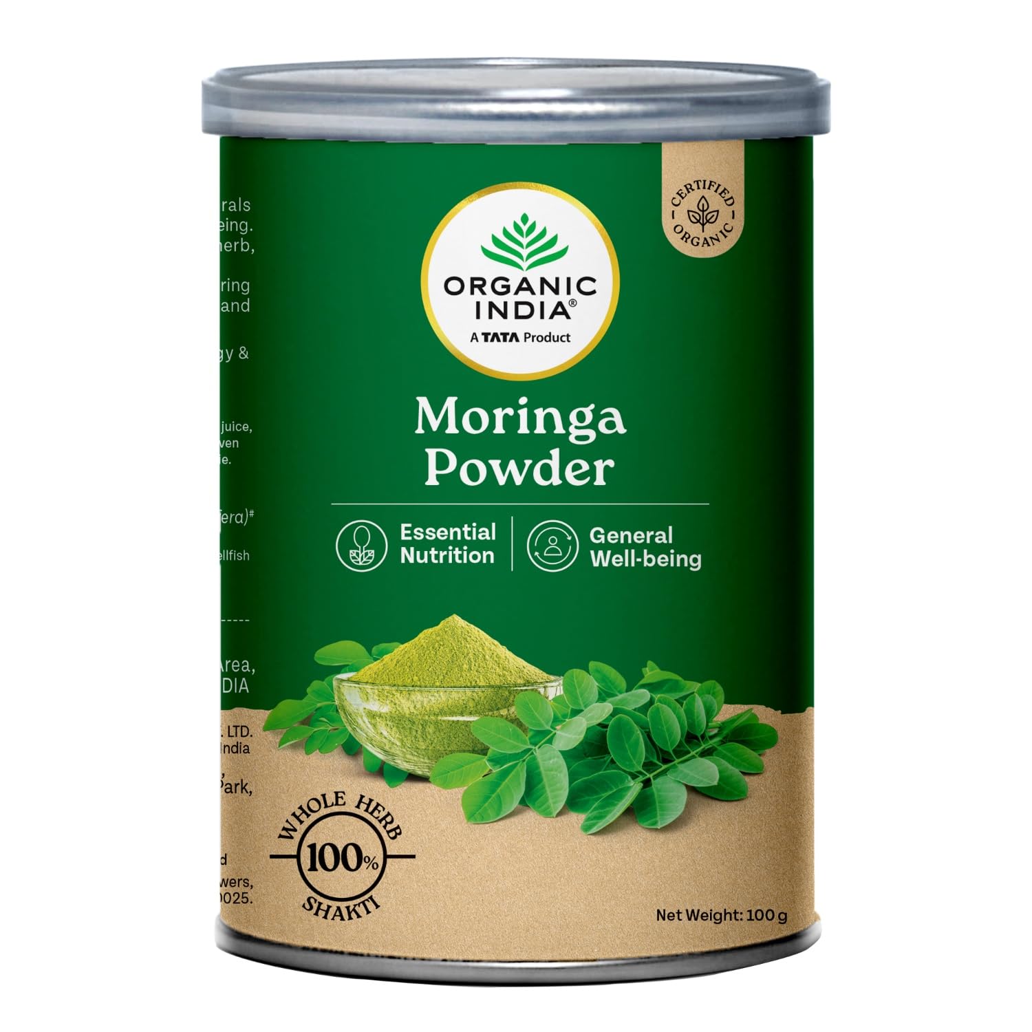Can of Organic India Moringa Powder with green and brown label