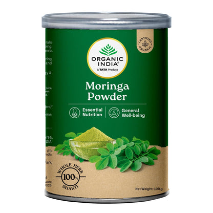 Can of Organic India Moringa Powder with green and brown label