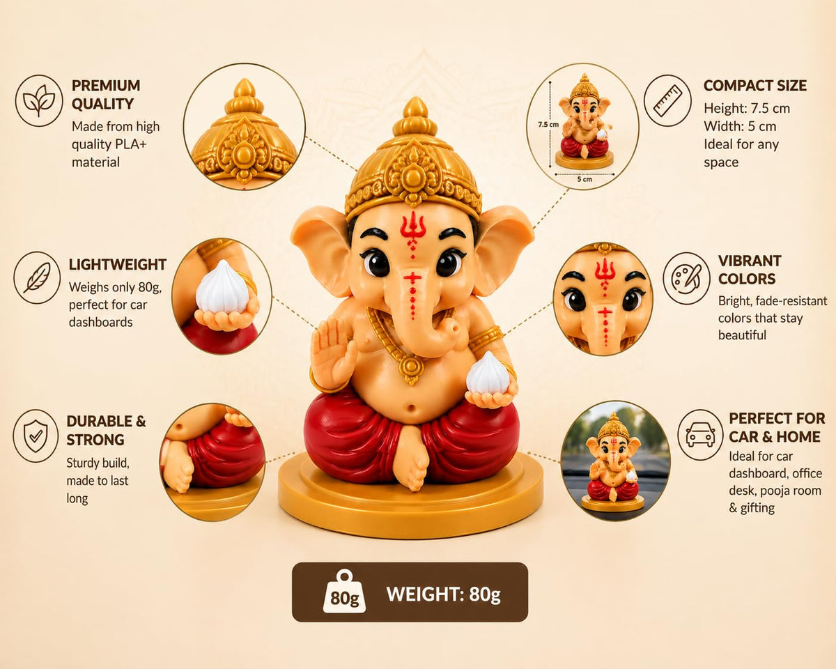 VASPAR Cute Baby Ganesha Idol for Car Dashboard | Premium Lord Ganesh Murti | Mini Ganpati Statue for Home Decor, Office Desk & Pooja Room | Spiritual Gift | Red