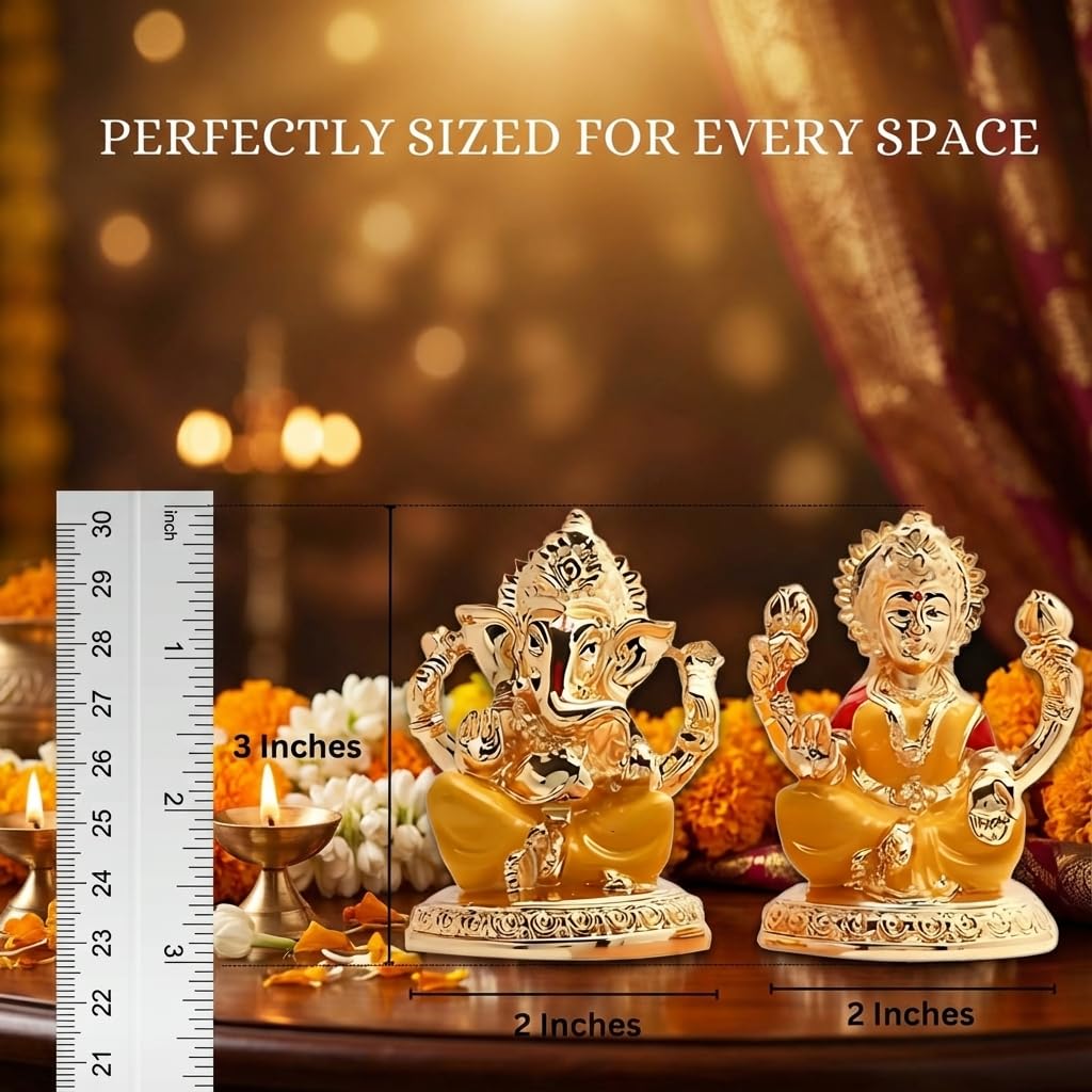 Gold Plated Laxmi Ganesh Idols for Pooja Room, Car Dashboard, Gifting, Table and Home Decor - Resin - 3x2 Inches (Yellow)