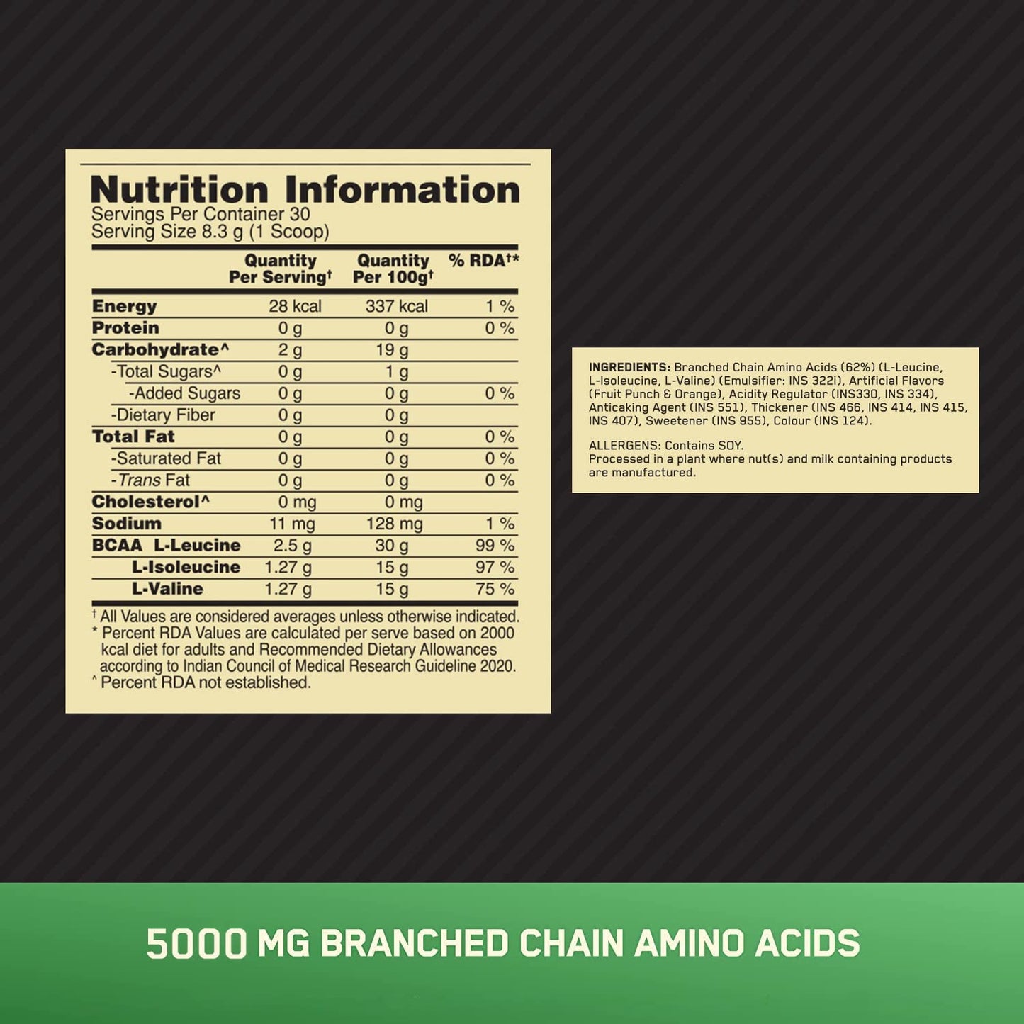Optimum Nutrition BCAA, 5g BCAAs in 2:1:1 Ratio, 30 servings, For Muscle Recovery & Endurance, Intra workout, Informed Choice certified, 250gm
