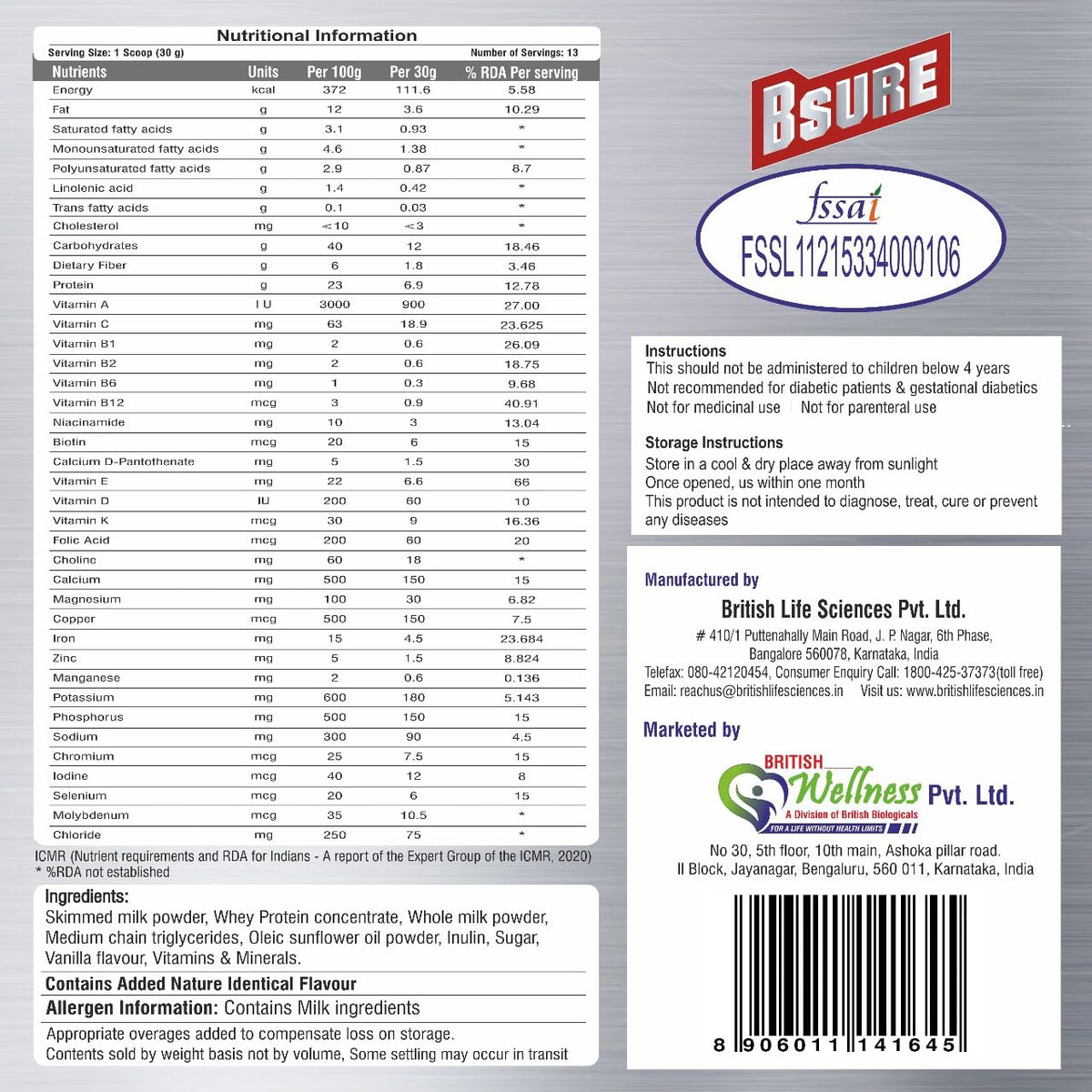 Nutritional information label on a product packaging with BSURE branding.