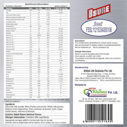 Nutritional information label on a product packaging with BSURE branding.
