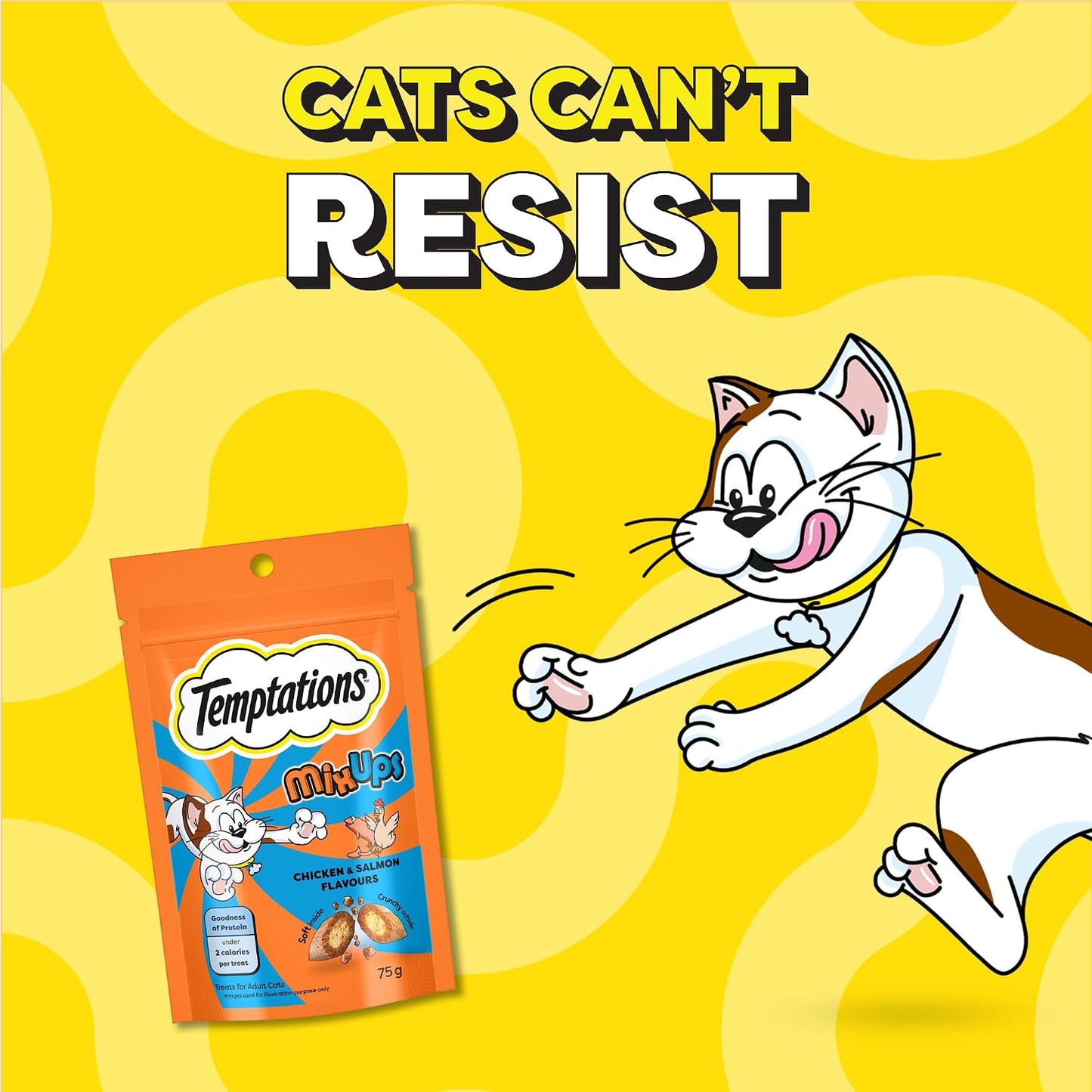 Temptations MixUps Cat Treats, Chicken & Salmon Flavours, 75g – Two Irresistible Flavours in One Pack, Crunchy Outside Soft Inside, Goodness of Protein, Vitamins & Minerals, Resealable Pouch