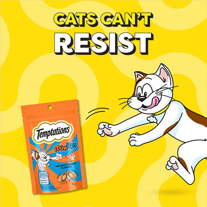 Temptations MixUps Cat Treats, Chicken & Salmon Flavours, 75g – Two Irresistible Flavours in One Pack, Crunchy Outside Soft Inside, Goodness of Protein, Vitamins & Minerals, Resealable Pouch