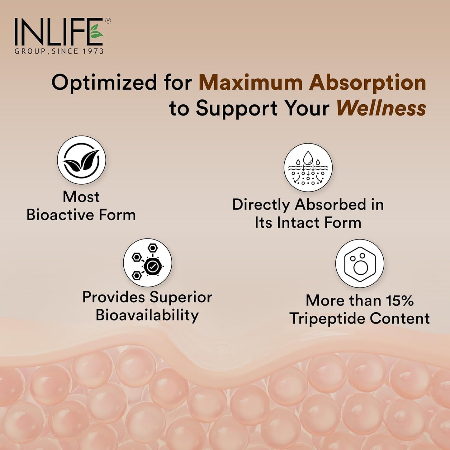 INLIFE Hydrolyzed Marine Collagen Tripeptides Supplement | Vitamin C, E, Biotin & Hyaluronic Acid | For Skin, Hair & Nails,(200g, Orange)