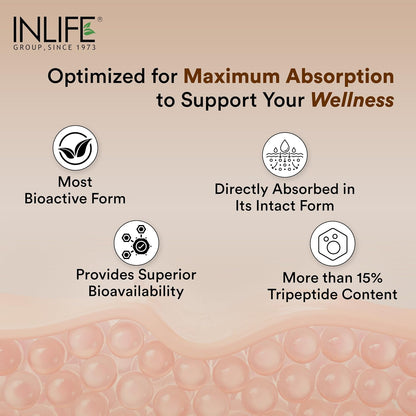 INLIFE Hydrolyzed Marine Collagen Tripeptides Supplement | Vitamin C, E, Biotin & Hyaluronic Acid | For Skin, Hair & Nails,(200g, Orange)