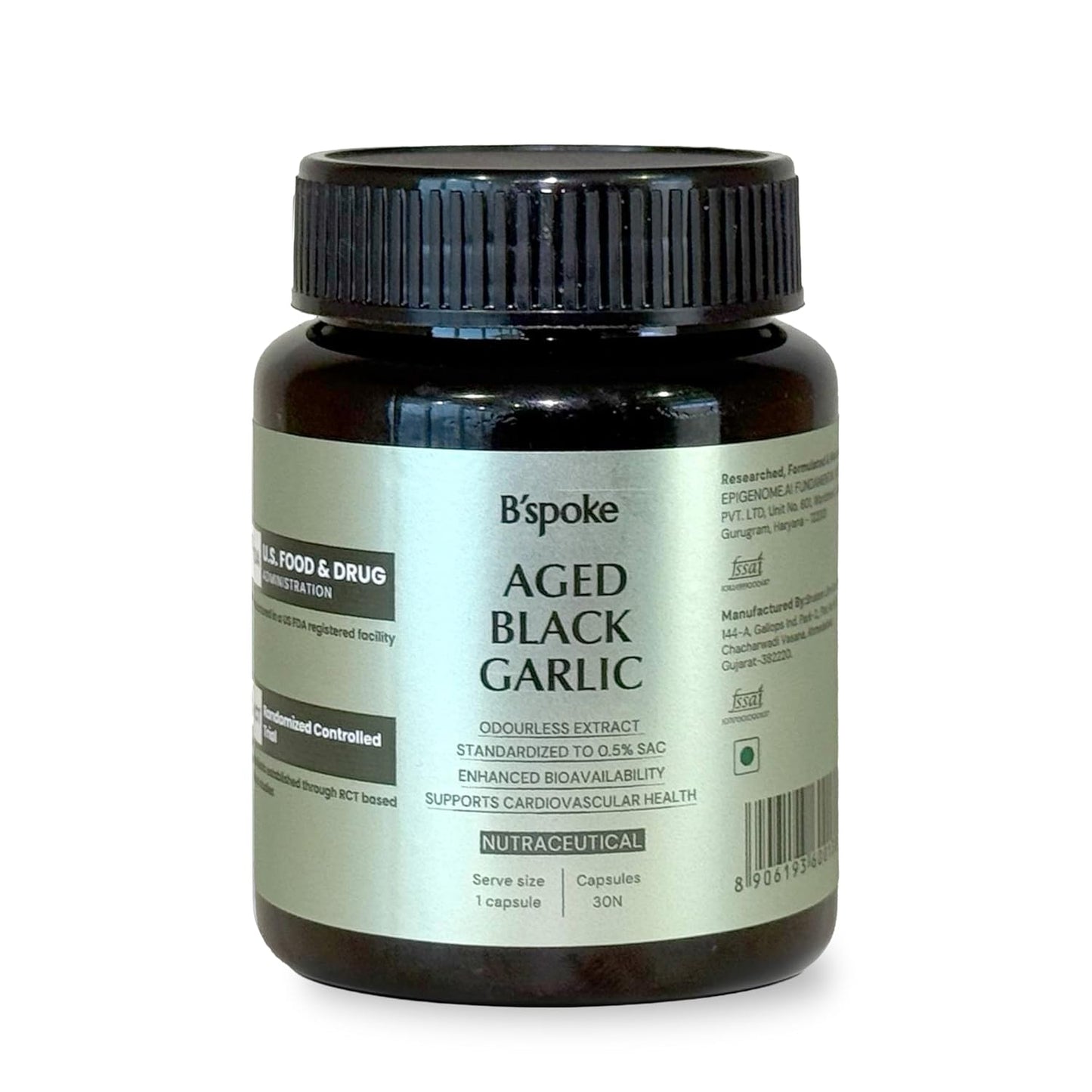 B'spoke Aged Black Garlic | Odourless Extract Standardized to 0.5% S-Allyl Cysteine (SAC) | Garlic Bulb Derived | Enhanced Bioavailability for Antioxidant & Cardiovascular Support | Gentle on Stomach