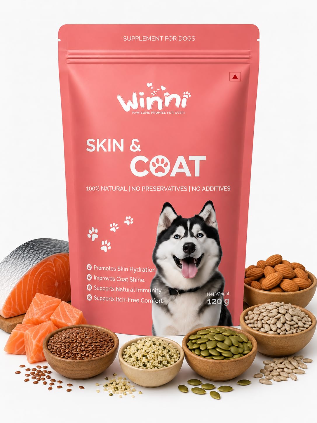 Winni Skin & Coat Supplement for Dogs | Supports Healthy Skin, Coat Shine & Natural Immunity | Chicken Flavor | Suitable for Puppies, Adult & Senior Dogs | Natural Formula | 120g