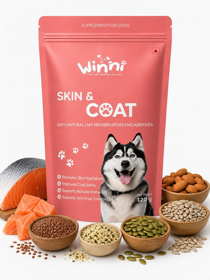 Winni Skin & Coat Supplement for Dogs | Supports Healthy Skin, Coat Shine & Natural Immunity | Chicken Flavor | Suitable for Puppies, Adult & Senior Dogs | Natural Formula | 120g
