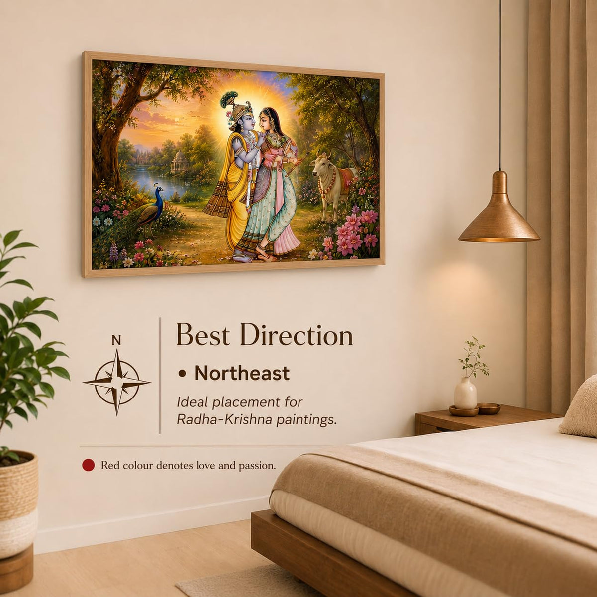 Radha Krishna Garden Vastu Wall Painting for Living Room Bedroom Hall Office Decor, Devotional Peacock Cow Artwork, Premium Wooden Synthetic Frame (13.5 x 19.5 Inch) NM01-V-166