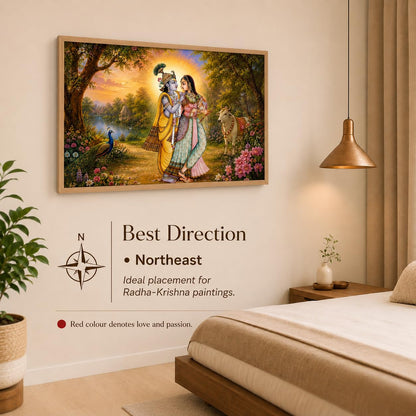 Radha Krishna Garden Vastu Wall Painting for Living Room Bedroom Hall Office Decor, Devotional Peacock Cow Artwork, Premium Wooden Synthetic Frame (13.5 x 19.5 Inch) NM01-V-166