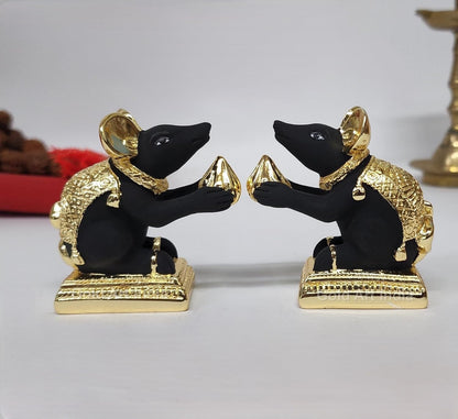 Gold Art India Gold-Plated Mushak (Mooshak) Mouse Pair with Modak | Black Terracotta Finish | Mouse Idol | Vehicle (Vahana) of Lord Ganesha | 2.5 Inch Height | Mandir (Set of 2 pcs)