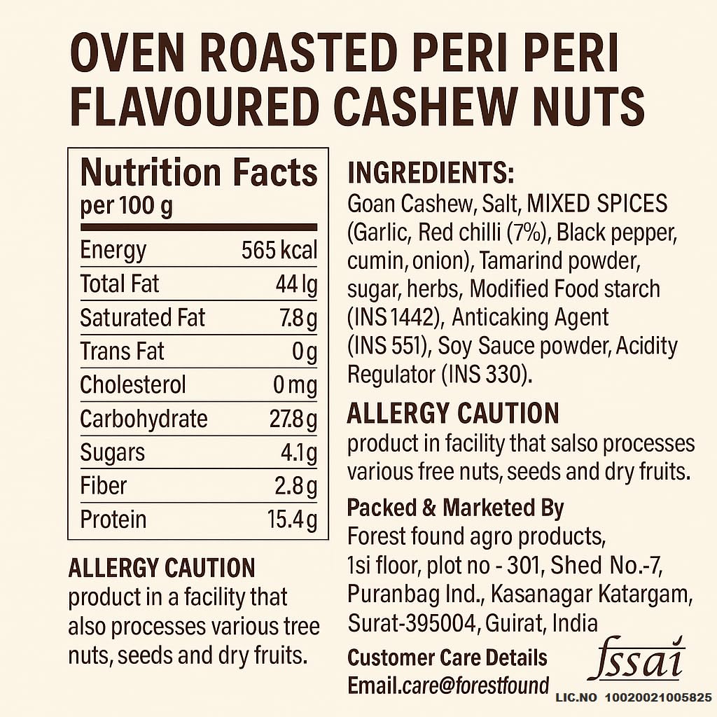 Forest Found Peri Peri Roasted Cashews 400g Spicy Oven Roasted Whole Kaju | 100% Oil-Free & Dry Healthy Crunchy Vegan Snack | Gluten-Free Non-Fried Peri Peri Cashew Nuts