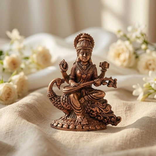 Pure Copper Saraswati MATA Murti | Handcrafted Copper Idol for Pooja Room, Vastu Decor | Traditional & Auspicious Religious Hindu God Showpiece & Gift Item | 85gm (6x5 cm)