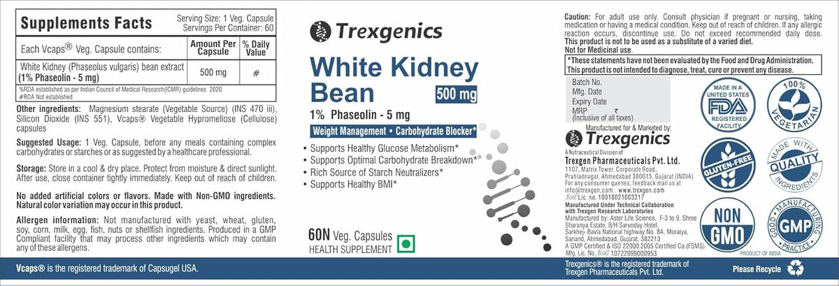 Trexgenics White Kidney Bean supplement label with various certification logos.