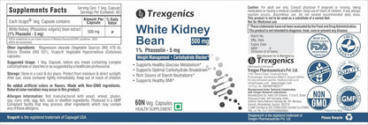 Trexgenics White Kidney Bean supplement label with various certification logos.