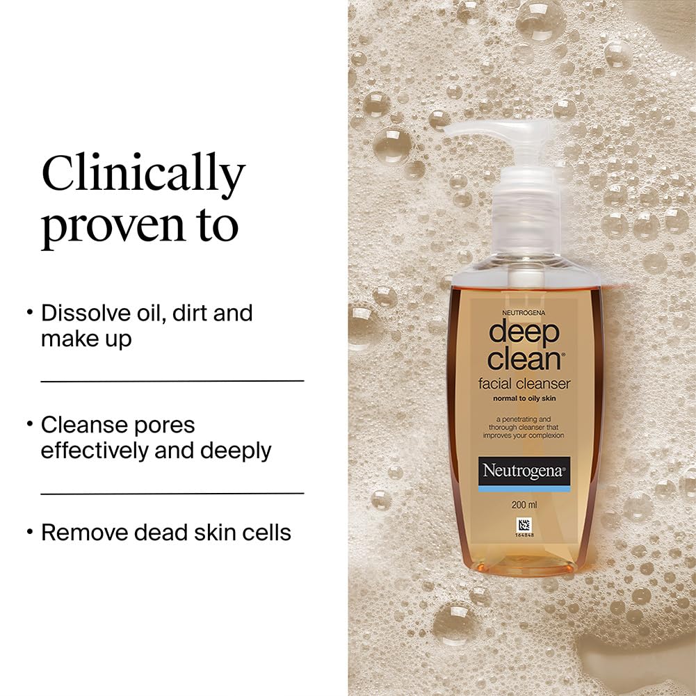 Neutrogena Deep Clean facial cleanser bottle with text on a beige background