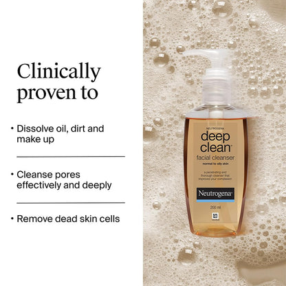 Neutrogena Deep Clean facial cleanser bottle with text on a beige background