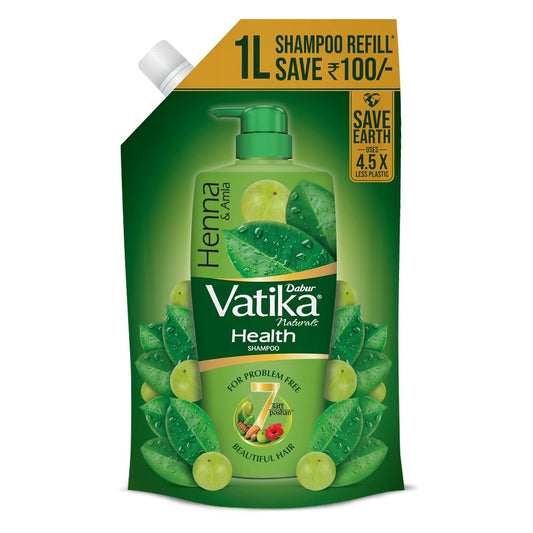Dabur Vatika Henna & Amla shampoo refill packaging on a white background