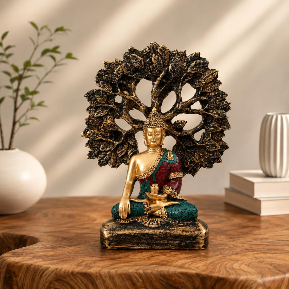 Handcrafted Buddha Showpiece with Tree for Home Décor (Pack of 1, Multi)