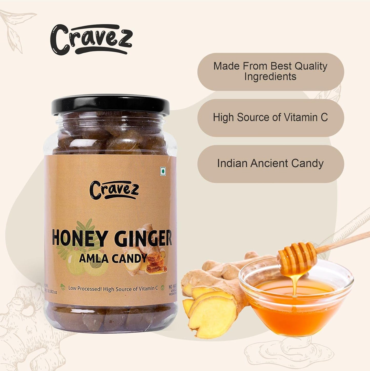 cravez Dried Honey Ginger Amla Candy | Adarak Amla | Low Processed Amla, Natural, No Preservative | No Artificial Colour Used (Amla)