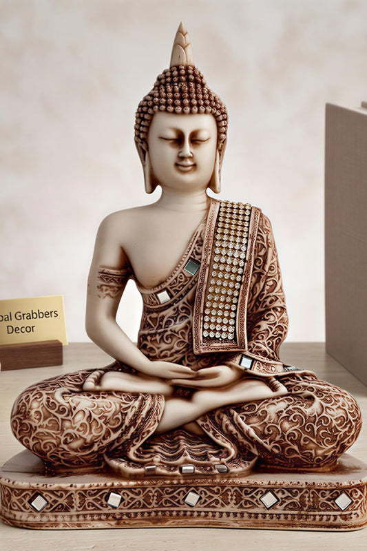 New Limited Edition 25 Centimetre Meditating Sitting Buddha Idol Statue showpiece Home Decor Decoration Items for Living Room and Gifts (Stone White)