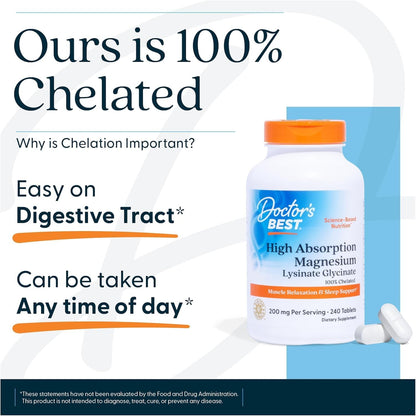 Doctor's Best High Absorption Magnesium supplement bottle with promotional text on a white background