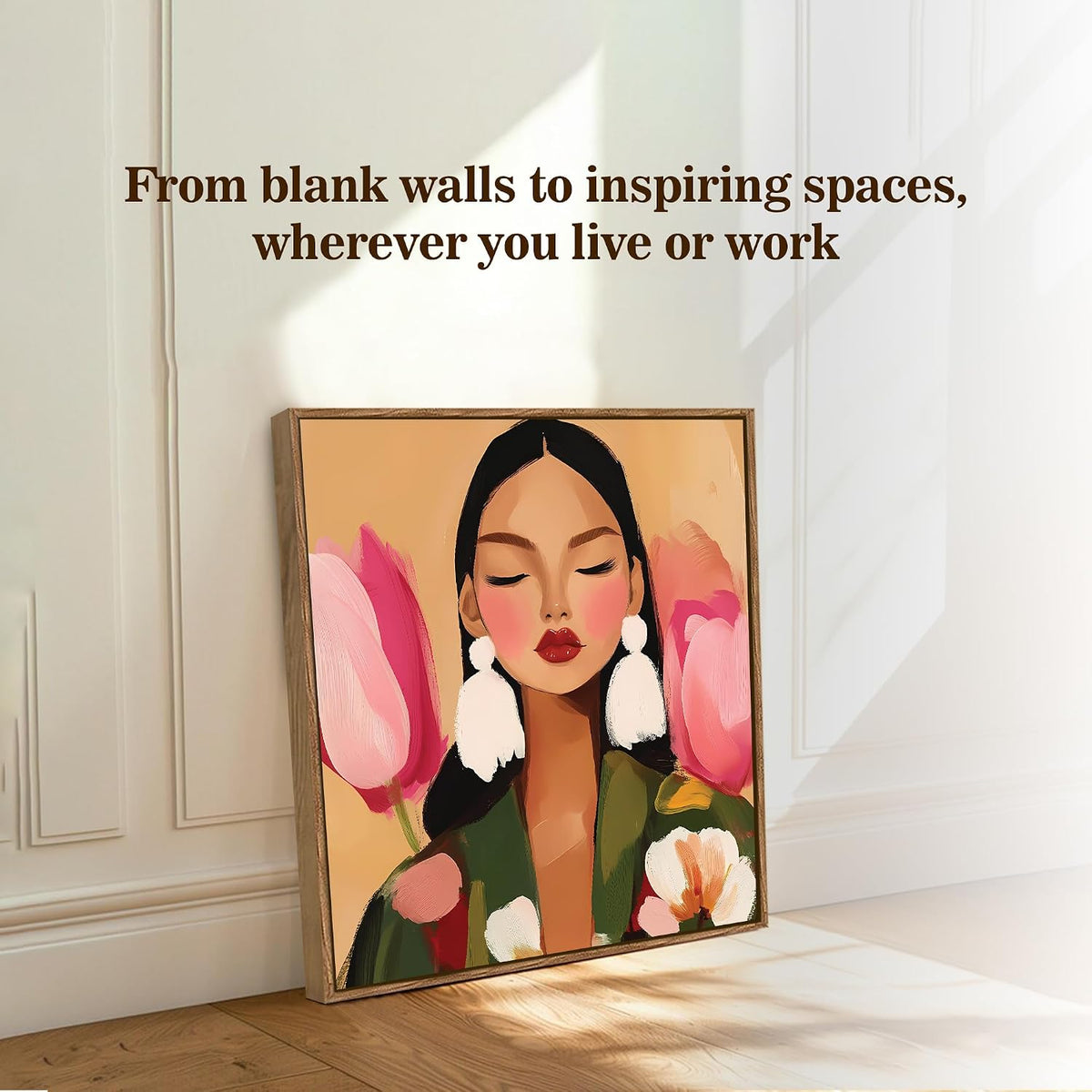 Botanical Woman Portrait Framed Painting For Living Room | Modern Floral Abstract Large Canvas Painting With Frame Wall Art For Bedroom, Hallway's, Office, Hotel, Size 58x58 cm