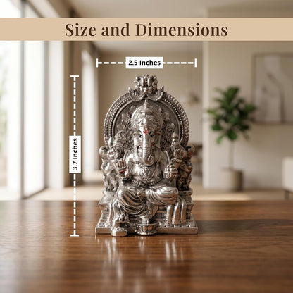 Dev Aastha Silver Plated Throne Ganesh Idol - 3.7 Inch Divine Seated Ganpati Statue on Royal Singhasan for Home Mandir and Office - Auspicious Vastu Decor and Spiritual Gift with Anti-Tarnish Finish