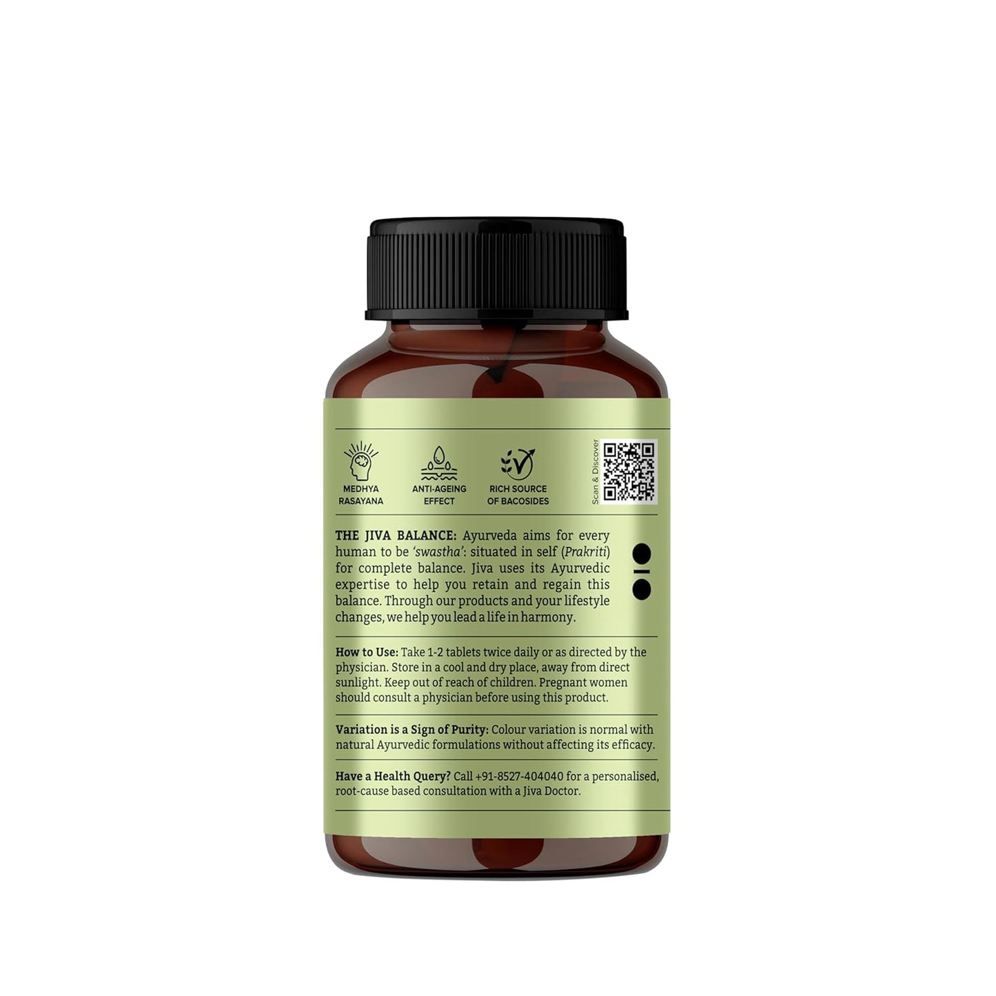 Jiva Brahmi Tablets 500mg | 100% Ayurvedic Formulation Rejuvenates Nervous System, Reduces Stress, Anxiety And Slows Down Aging- 120 Tablets