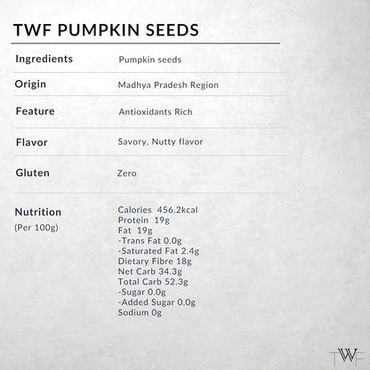 TWF Virgin Pumpkin Seeds | AAA Grade Seeds for Eating | High Protein, Fibre & Magnesium | Raw | Unroasted | Unsalted | Highest Natural Potency | Resealable Pack | Healthy Diet Snacks