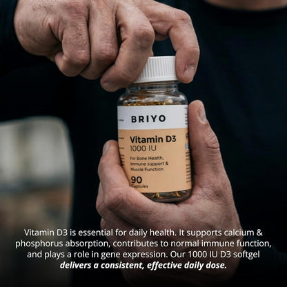 BRIYO Vitamin D3 supplement bottle held by a person with text about vitamin benefits.