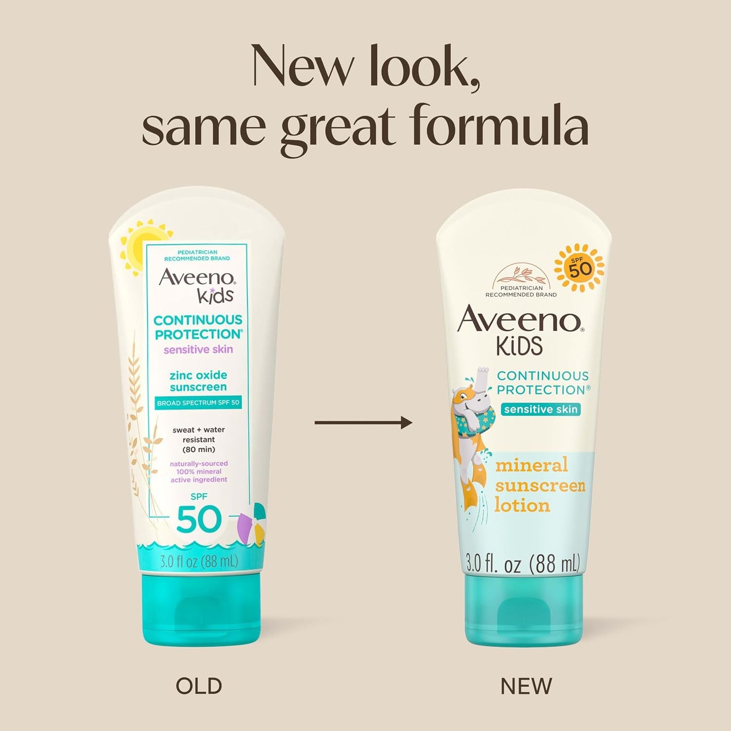 Aveeno Kids Continuous Protection Zinc Oxide Mineral Sunscreen Lotion for Children's Sensitive Skin with Broad Spectrum SPF 50, Tear-Free, Sweat- & Water-Resistant, Non-Greasy, 3 fl. oz