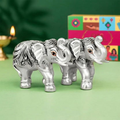 999 Pure Silver Plated Elephant Pair Showpiece with Gift Box | Silver Idol Set Home Decor Office Desk | Good Luck Feng Shui Vastu Animal Pair Religious Housewarming Griha Pravesh Gift