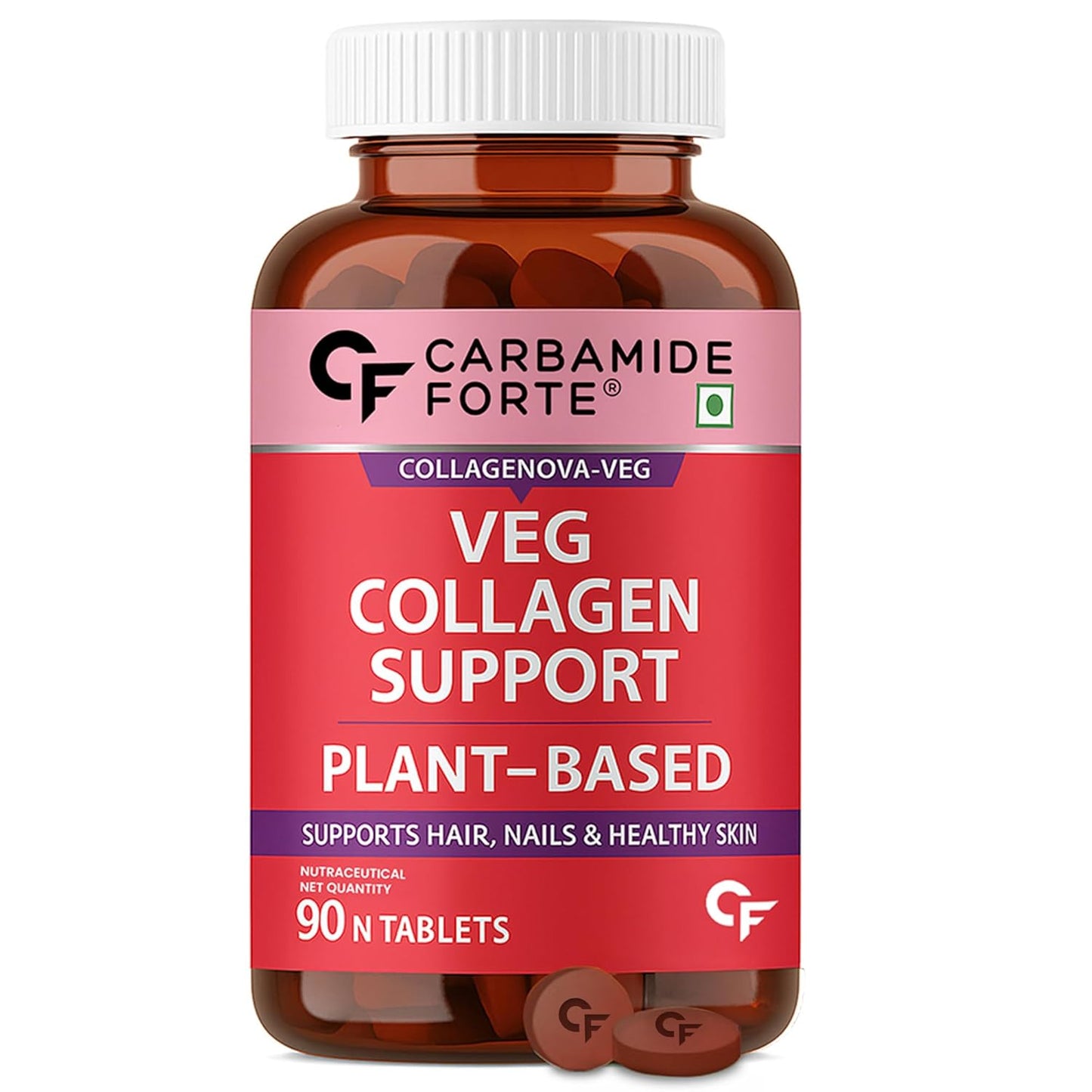 Bottle of Carbamide Forte Veg Collagen Support supplement on a white background
