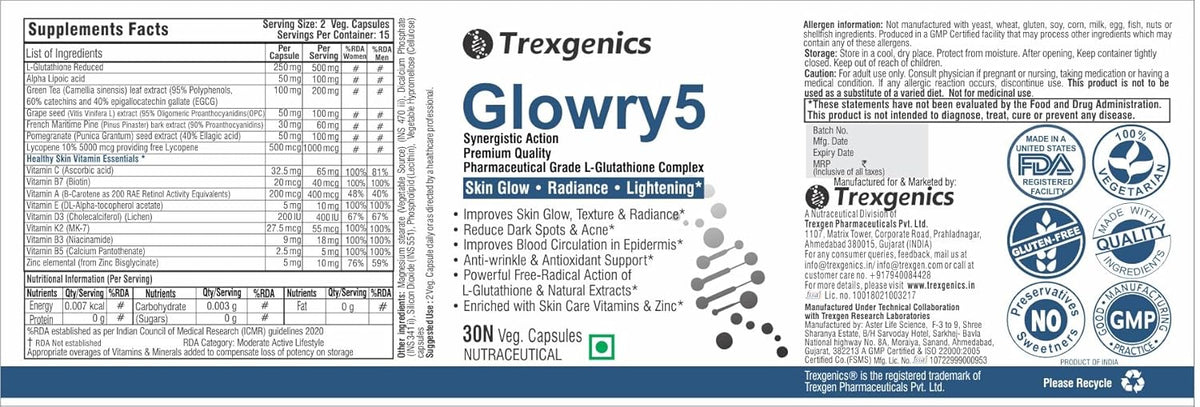 Trexegenics Glowry5 supplement label with branding and product details.
