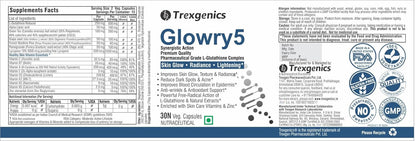 Trexegenics Glowry5 supplement label with branding and product details.