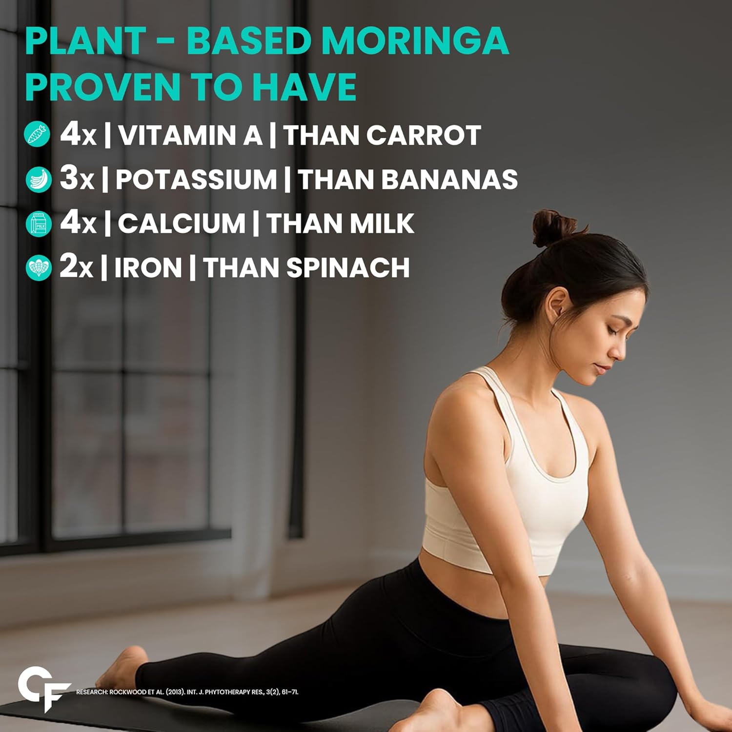Woman in a yoga pose with text about plant-based moringa benefits on a gray background