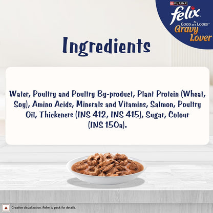 Purina Felix Salmon Gravy Lover, Wet Food for Adult Cats, 70g Pouch | With Salmon in Gravy, Tasty Meaty Chunks, 100% Complete & Balanced Nutrition, Vitamins D & E, Omega 6, Essential Minerals