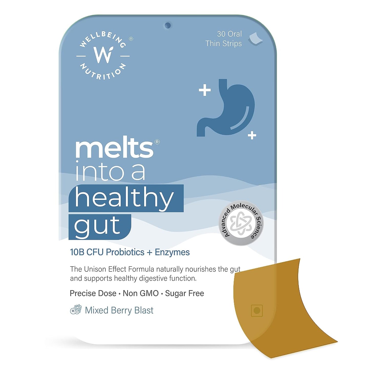Wellbeing Nutrition Melts Healthy Gut | To Curb Indigestion, Gas, Acidity and Bloating, Gut Health Supplement with 10 Billion CFU Probiotics, Digestive Enzymes (30 Oral Strips)