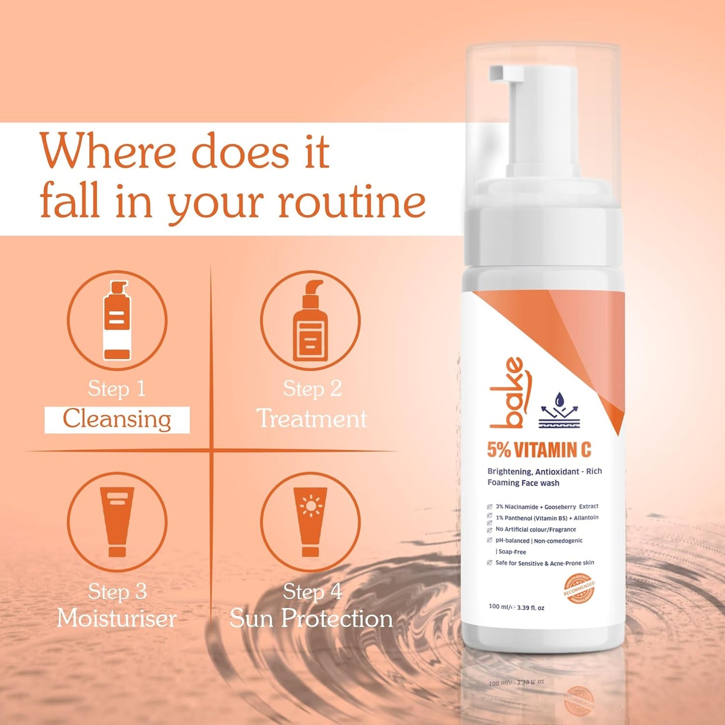BAKE 5% Vitamin C Foaming Face Wash with Niacinamide | Brightening Face Wash for Pigmentation, Dark Spots & Uneven Skin Tone | Antioxidant Rich Cleanser for Dull, Normal to Oily Skin – 100ml