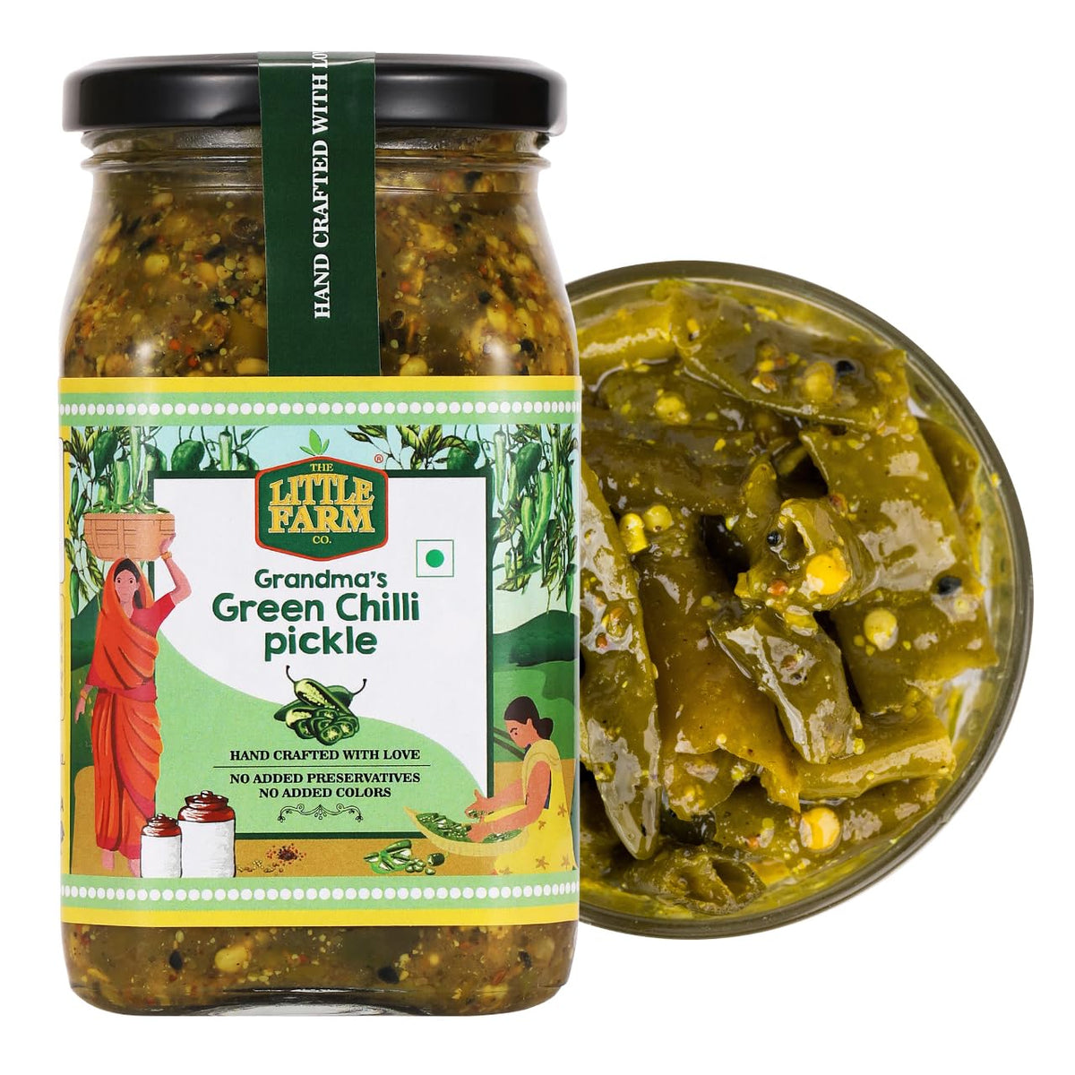 THE LITTLE FARM CO Green Chilli Pickle - Hari Mirch ka Achar | Less Oil Mustard Base Homestyle Tangy Flavour Chilli Pickles | No Added Preservatives, Artificial Colours & Flavours | Traditional Recipe