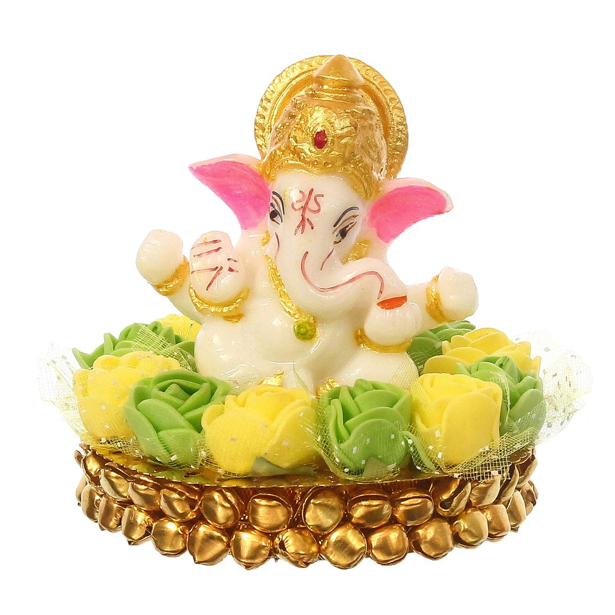 Lord Ganesha Idol on Decorative Handcrafted Plate with Green and Yellow Flowers