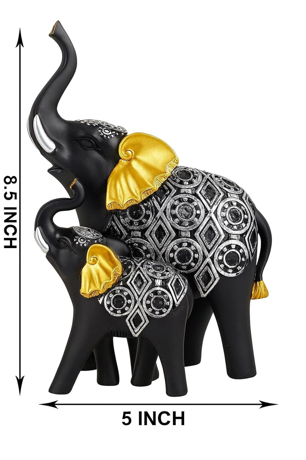 Black Elephant Figurines Showpiece with Silver Carving & Golden Ears | Decorative Resin Elephant Statue on Wooden Base | Good Luck Home Décor Gift for Living Room | Office & Festivals