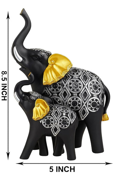 Black Elephant Figurines Showpiece with Silver Carving & Golden Ears | Decorative Resin Elephant Statue on Wooden Base | Good Luck Home Décor Gift for Living Room | Office & Festivals