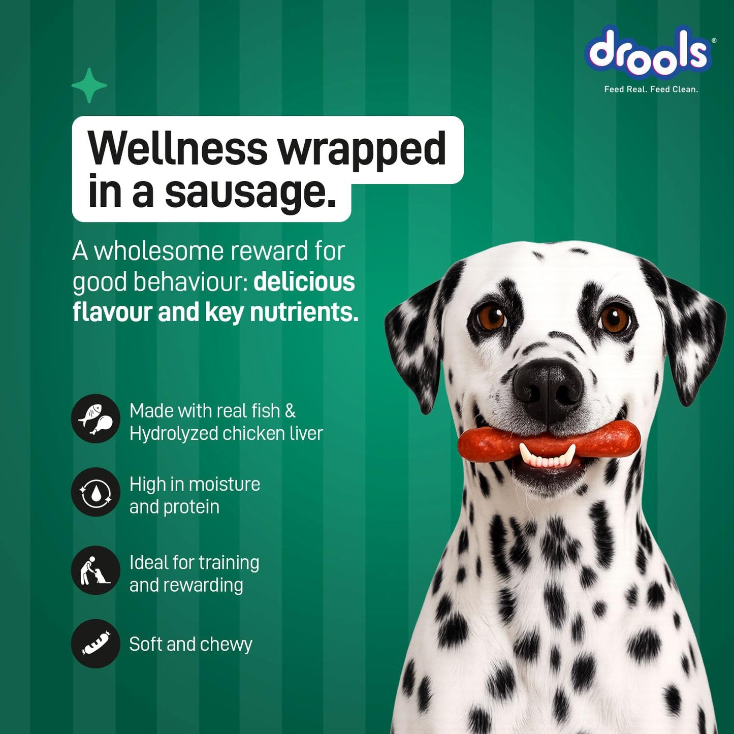 Drools Adult & Puppy Sausage for Dog, 450g | Real Fish Flavour | High Protein | Treat & Food Topper | Grain Free | Best for Training & Bonding | No Preservatives